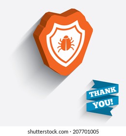 Shield sign icon. Virus protection symbol. Bug symbol. White icon on orange 3D piece of wall. Carved in stone with long flat shadow. Vector