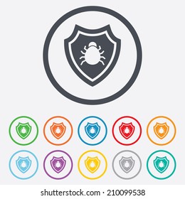 Shield sign icon. Virus protection symbol. Bug symbol. Round circle buttons with frame. Vector