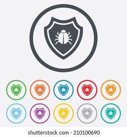 Shield sign icon. Virus protection symbol. Bug symbol. Round circle buttons with frame. Vector