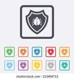 Shield sign icon. Virus protection symbol. Bug symbol. Round squares buttons with frame. Vector