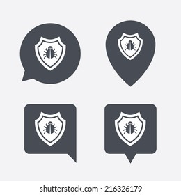 Shield sign icon. Virus protection symbol. Bug symbol. Map pointers information buttons. Speech bubbles with icons. Vector