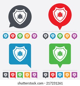 Shield sign icon. Virus protection symbol. Bug symbol. Speech bubbles information icons. 24 colored buttons. Vector