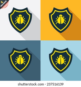 Shield sign icon. Virus protection symbol. Bug symbol. Four squares. Colored Flat design buttons. Vector