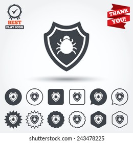 Shield sign icon. Virus protection symbol. Bug symbol. Circle, star, speech bubble and square buttons. Award medal with check mark. Thank you ribbon. Vector