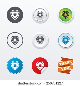 Shield sign icon. Virus protection symbol. Bug symbol. Circle concept buttons. Metal edging. Star and label sticker. Vector