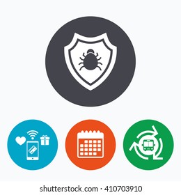 Shield sign icon. Virus protection symbol. Bug symbol. Mobile payments, calendar and wifi icons. Bus shuttle.