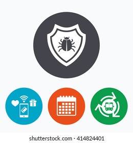 Shield sign icon. Virus protection symbol. Bug symbol. Mobile payments, calendar and wifi icons. Bus shuttle.
