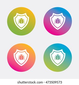 Shield sign icon. Virus protection symbol. Bug symbol. Gradient flat buttons with icon. Modern design. Vector