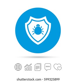 Shield sign icon. Virus protection symbol. Bug symbol. Copy files, chat speech bubble and chart web icons. Vector