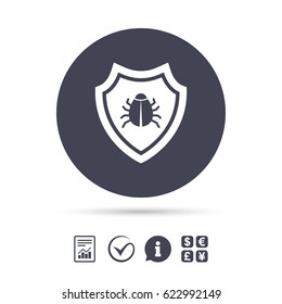 Shield sign icon. Virus protection symbol. Bug symbol. Report document, information and check tick icons. Currency exchange. Vector