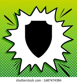 Shield sign illustration. Black Icon on white popart Splash at green background with white spots. Illustration.