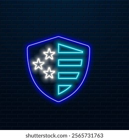 Shield sign illustration. Cyan neon icon in the dark. Bluring. Luminescence. Illustration.