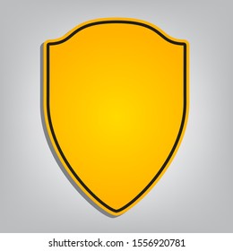 Shield sign illustration. Flat orange icon with overlapping linear black icon with gray shadow at whitish background. Illustration.