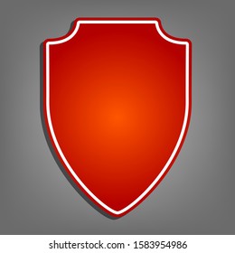 Shield sign illustration. Flat red icon with linear white icon with gray shadow at grayish background. Illustration.