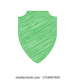 Shield sign illustration. Green scribble Icon with solid contour on white background. Illustration.