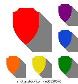 Shield sign illustration. Set of red, orange, yellow, green, blue and violet icons at white background with flat shadow.