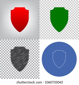 Shield sign illustration. Vector. 4 styles. Red gradient in radial lighted background, green flat and gray scribble icons on transparent and linear one in blue circle.