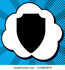 Shield sign illustration. Vector. Black icon in bubble on blue pop-art background with rays.