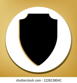 Shield sign illustration. Vector. Black icon with light brown shadow in white circle with shaped ring at golden background.