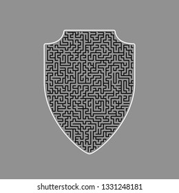 Shield sign illustration. Vector. Black maze filled icon with white border at gray background.