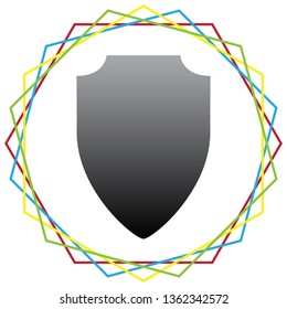 Shield sign illustration. Vector. Black icon with patch of light inside colorful hexagonal frames at white background.