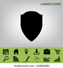 Shield sign illustration. Vector. Black icon at gray background with bonus icons at celery ones
