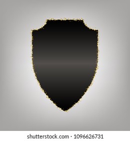 Shield sign illustration. Vector. Blackish icon with golden stars at grayish background.