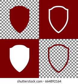 Shield sign illustration. Vector. Bordo and white icons and line icons on chess board with transparent background.