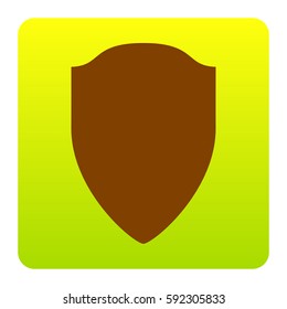 Shield sign illustration. Vector. Brown icon at green-yellow gradient square with rounded corners on white background. Isolated.