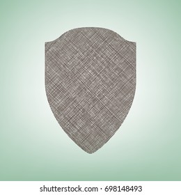 Shield sign illustration. Vector. Brown flax icon on green background with light spot at the center.