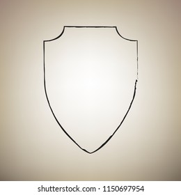 Shield sign illustration. Vector. Brush drawed black icon at light brown background.