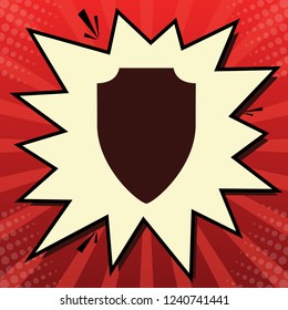 Shield sign illustration. Vector. Dark red icon in lemon chiffon shutter bubble at red popart background with rays.