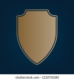 Shield sign illustration. Vector. Golden icon and border at dark cyan background.