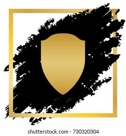 Shield sign illustration. Vector. Golden icon at black spot inside golden frame on white background.