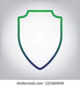 Shield sign illustration. Vector. Green to blue gradient contour icon at grayish background with light in center.