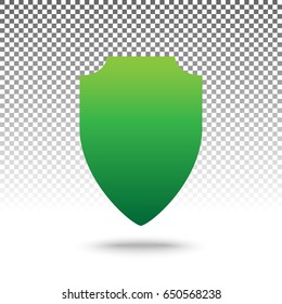 Shield sign illustration. Vector. Green gradient icon with shadow at bottom on transparent and white background.