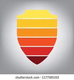 Shield sign illustration. Vector. Horizontally sliced icon with colors from sunny gradient in gray background.
