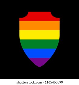 Shield sign illustration. Vector. Icon with colors of LGBT flag at black background.