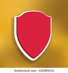 Shield sign illustration. Vector. Magenta icon with darker shadow, white sticker and black popart shadow on golden background.