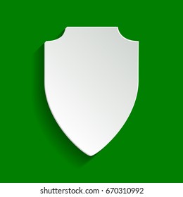 Shield sign illustration. Vector. Paper whitish icon with soft shadow on green background.