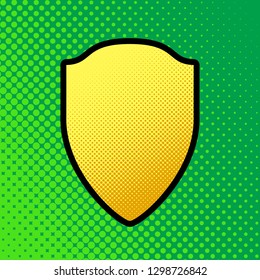Shield sign illustration. Vector. Pop art orange to yellow dots-gradient icon with black contour at greenish background.