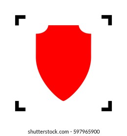 Shield sign illustration. Vector. Red icon inside black focus corners on white background. Isolated.