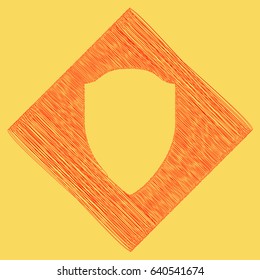 Shield sign illustration. Vector. Red scribble icon obtained as a result of subtraction rhomb and path. Royal yellow background.