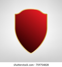 Shield sign illustration. Vector. Red icon on gold sticker at light gray background.
