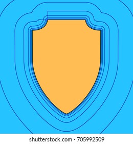 Shield sign illustration. Vector. Sand color icon with black contour and equidistant blue contours like field at sky blue background. Like waves on map - island in ocean or sea.