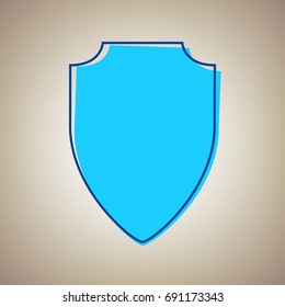 Shield sign illustration. Vector. Sky blue icon with blue contour on beige background.