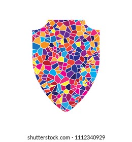 Shield sign illustration. Vector. Stained glass icon on white background. Colorful polygons. Isolated.