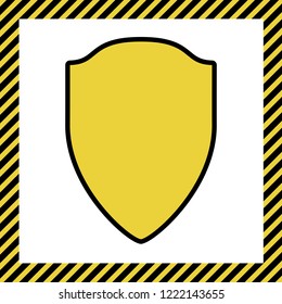 Shield sign illustration. Vector. Warm yellow icon with black contour in frame named as under construction at white background. Isolated.