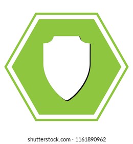 Shield sign illustration. Vector. White icon with black shadow at yellow green honeycomb on white background.