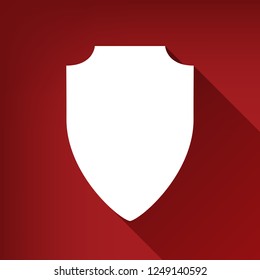 Shield sign illustration. Vector. White icon with limitless shadow at ruby red background.